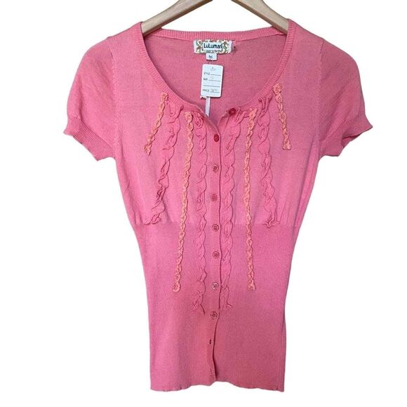 Lulumari Pink‎ Cardigan Sweater Top with Ruffle Detail NWT Junior Size S - Picture 1 of 8
